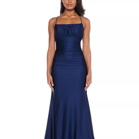 B Darlin Juniors' Square-Neck Ruched Strappy Sleeveless Gown Navy - Picture 1 of 7